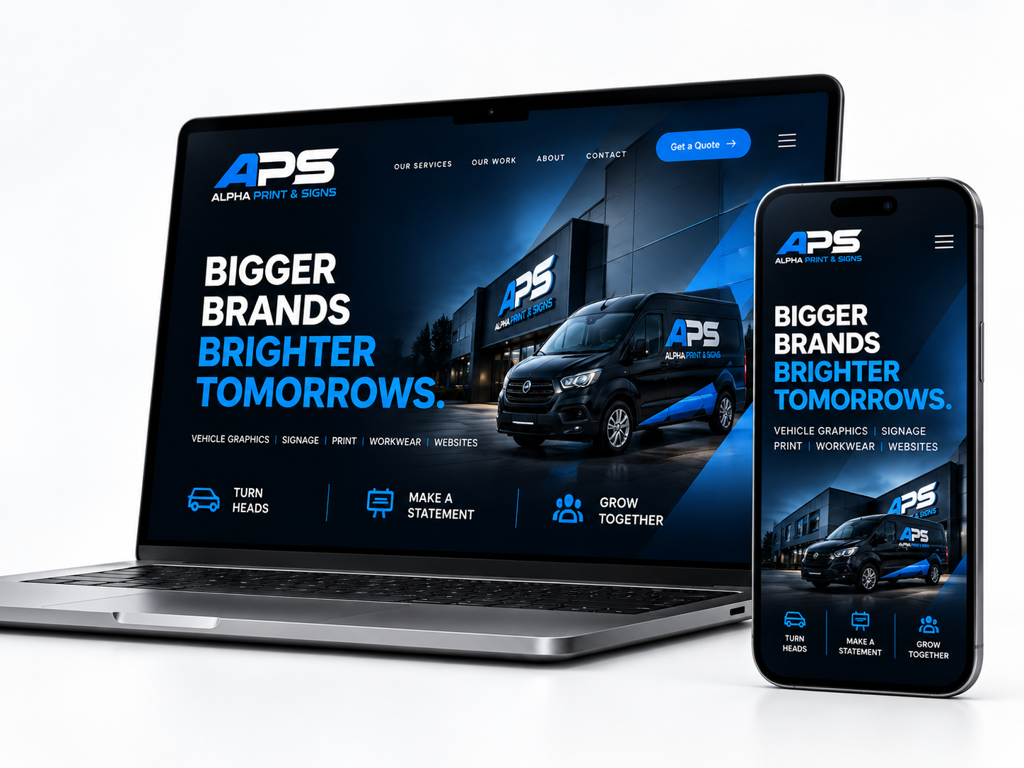 Responsive business website shown on desktop, laptop and phone