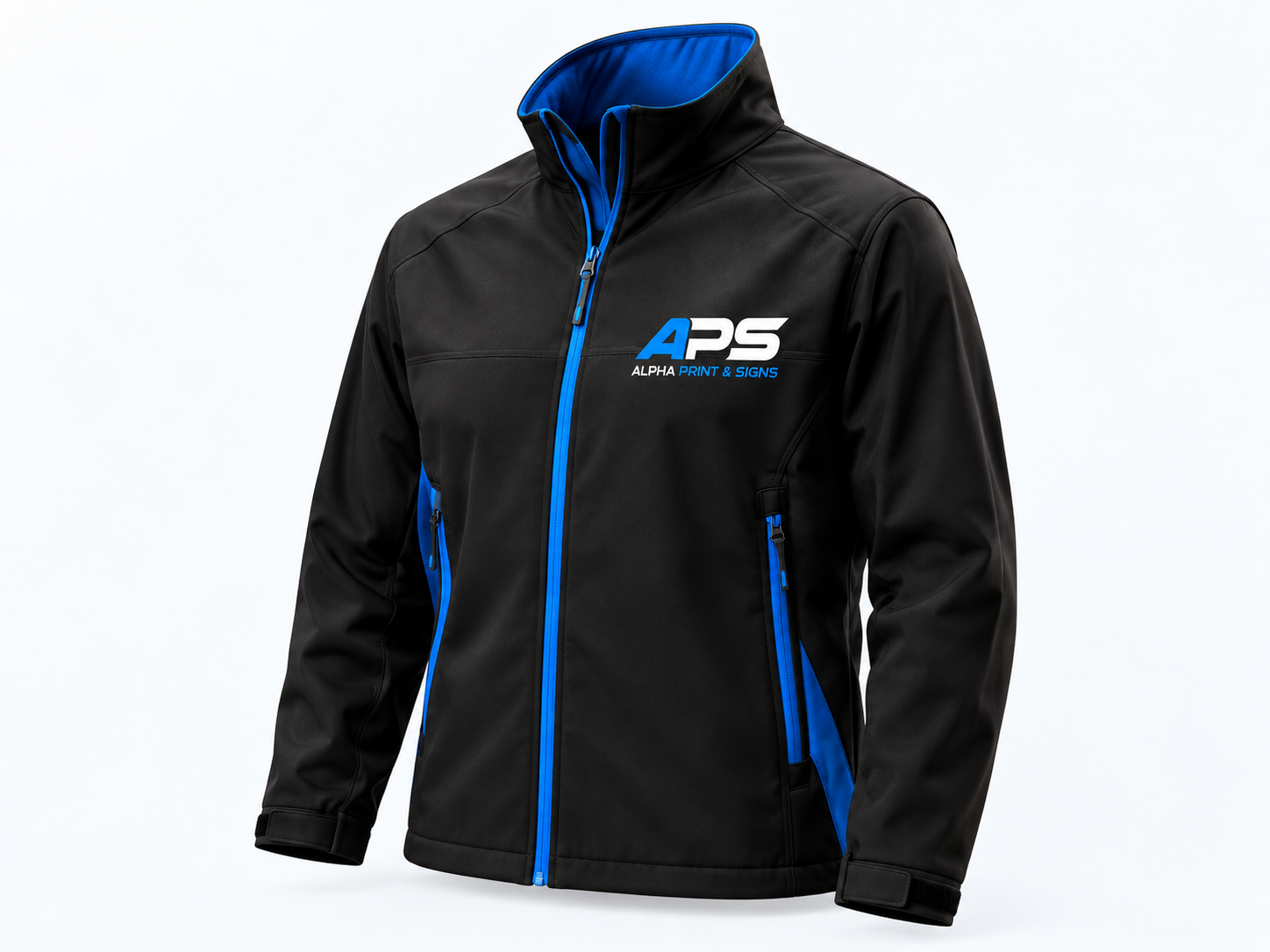 Black professional work jacket with blue trim