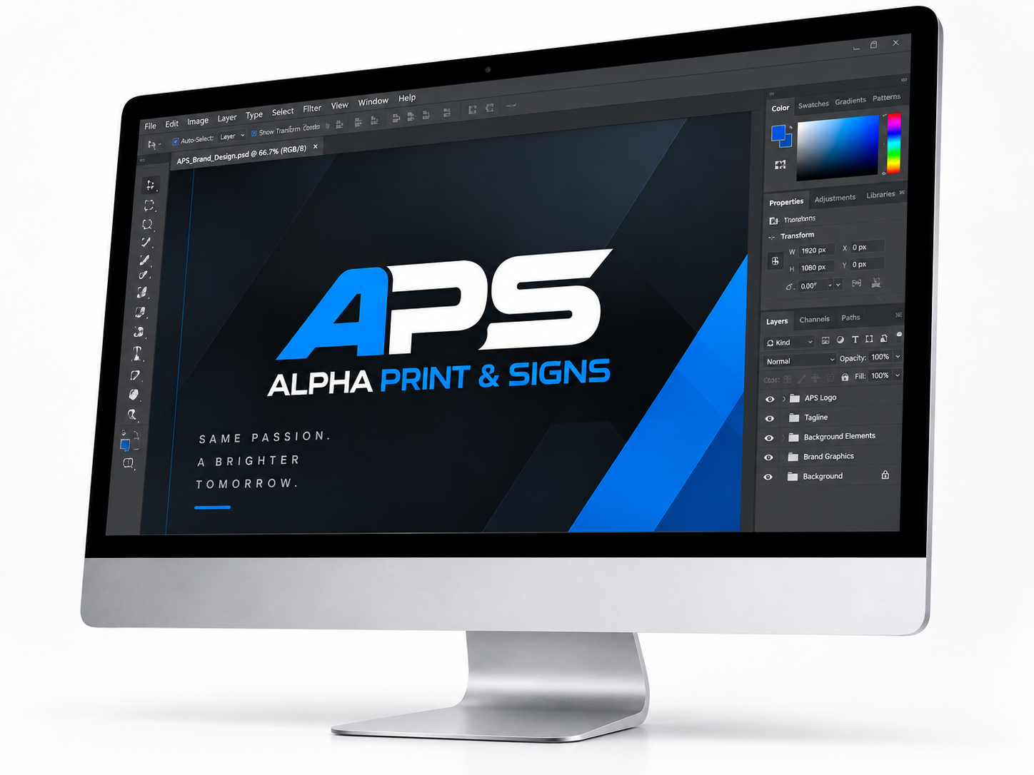 Desktop design workstation displaying a blue visual identity