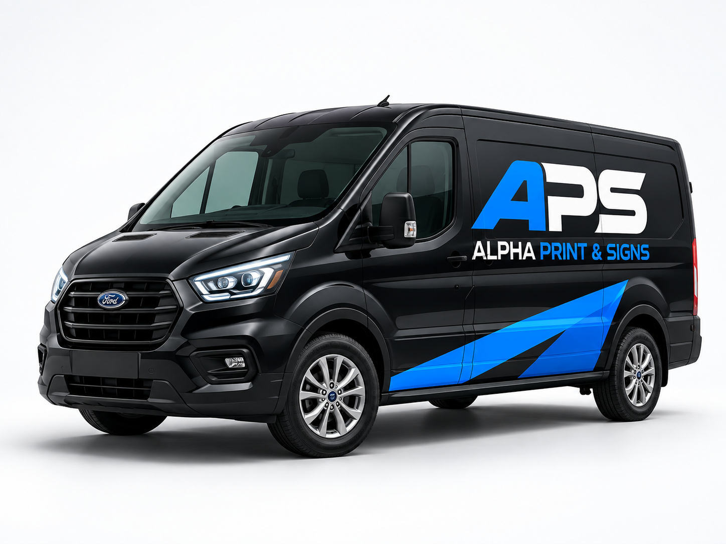 Black commercial van with blue and white vehicle graphics